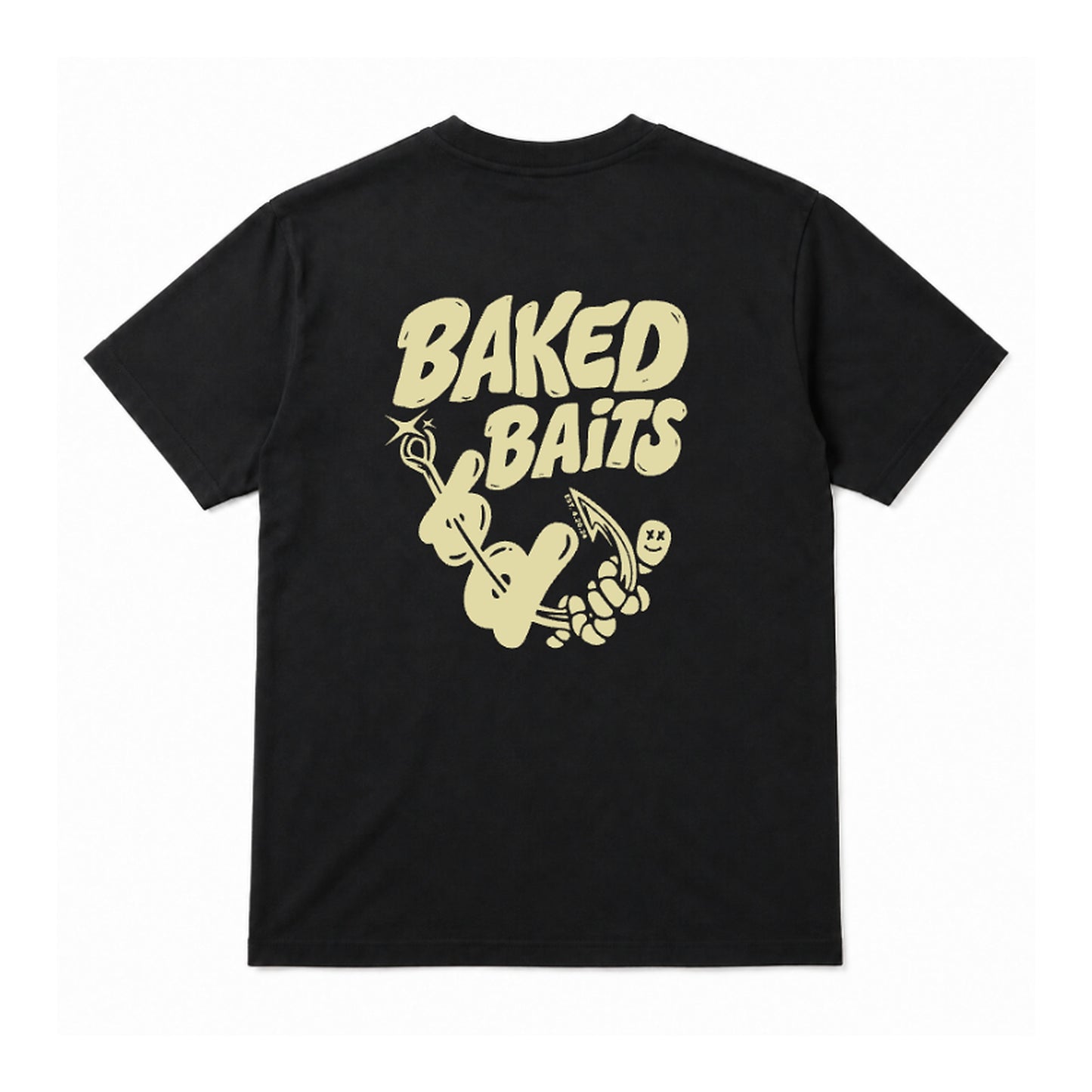 Baked Baits black T-shirt back with large cream graphic