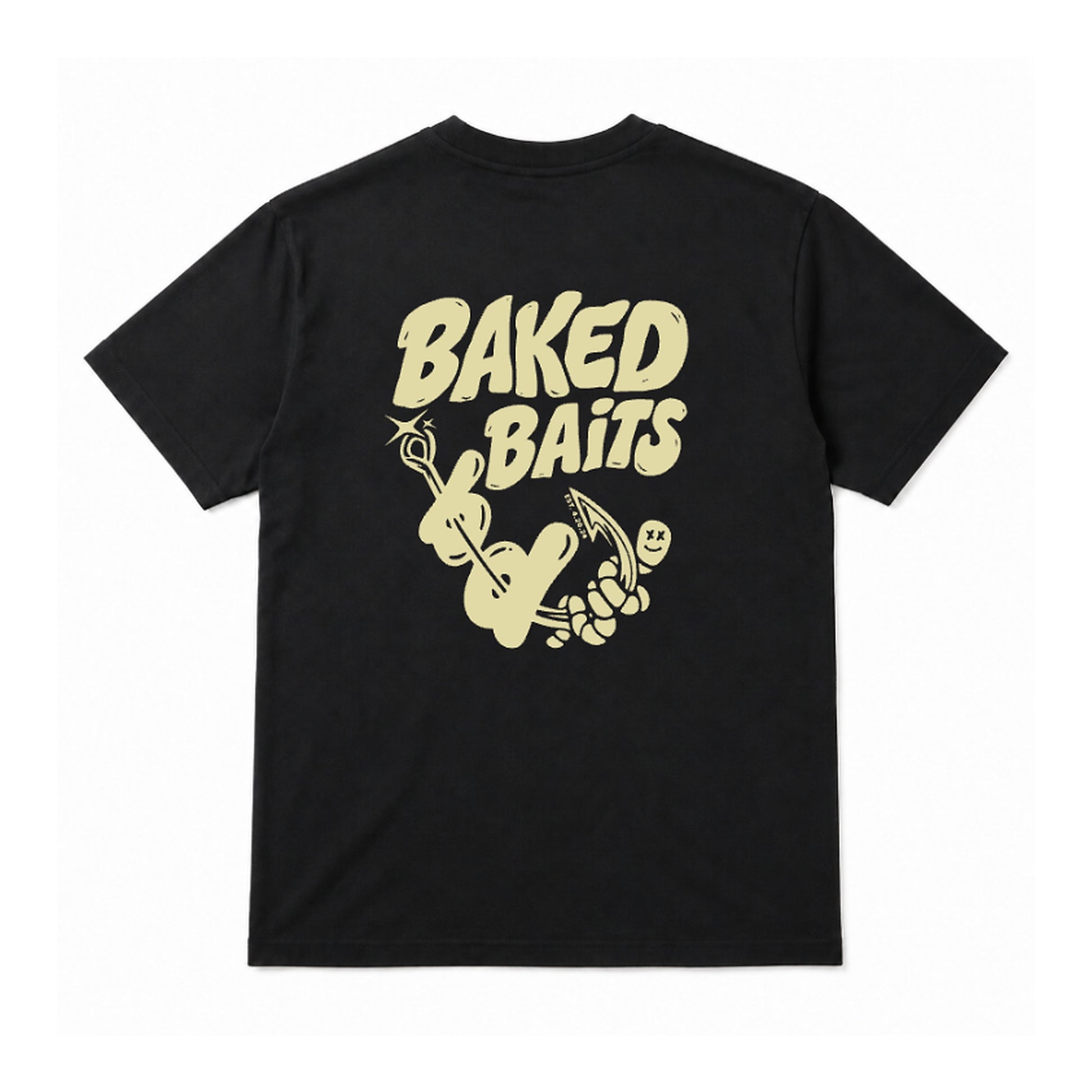 Baked Baits black T-shirt back with large cream graphic