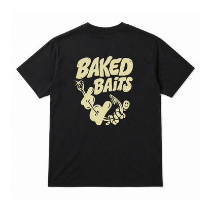Baked Baits black T-shirt back with large cream graphic