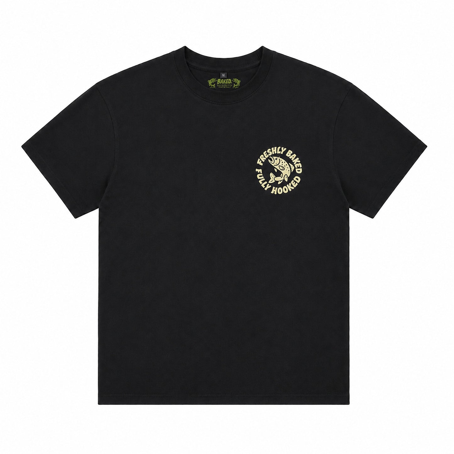Baked Baits black T-shirt front with cream chest graphic