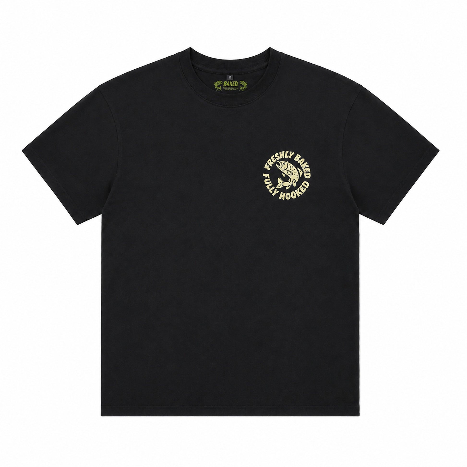 Baked Baits black T-shirt front with cream chest graphic