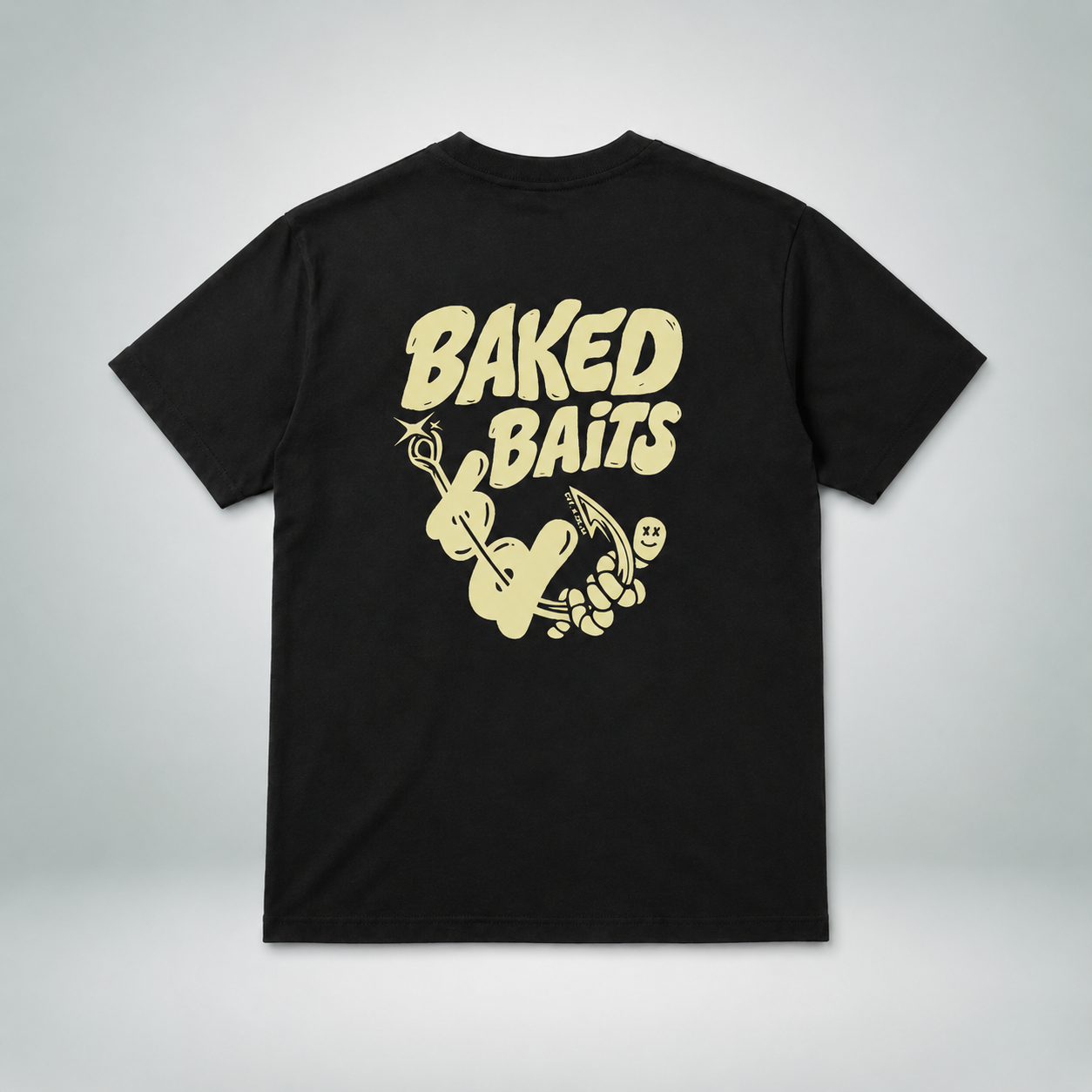 Baked Baits black T-shirt back with large cream graphic