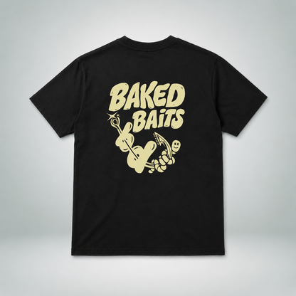 Baked Baits black T-shirt back with large cream graphic