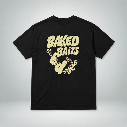 Baked Baits black T-shirt back with large cream graphic