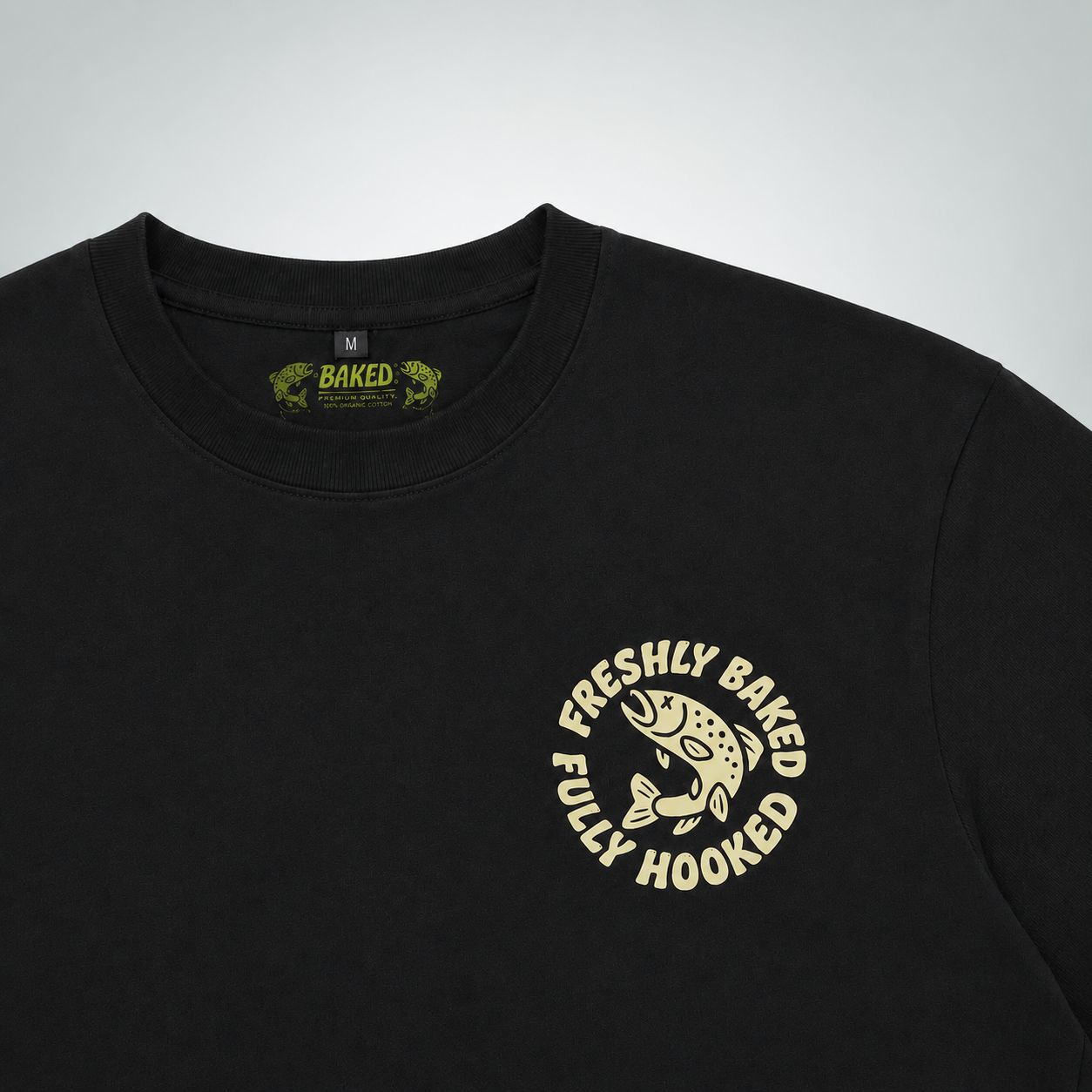 Baked Baits black T-shirt front chest print and neck label detail