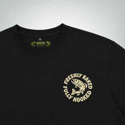 Baked Baits black T-shirt front chest print and neck label detail