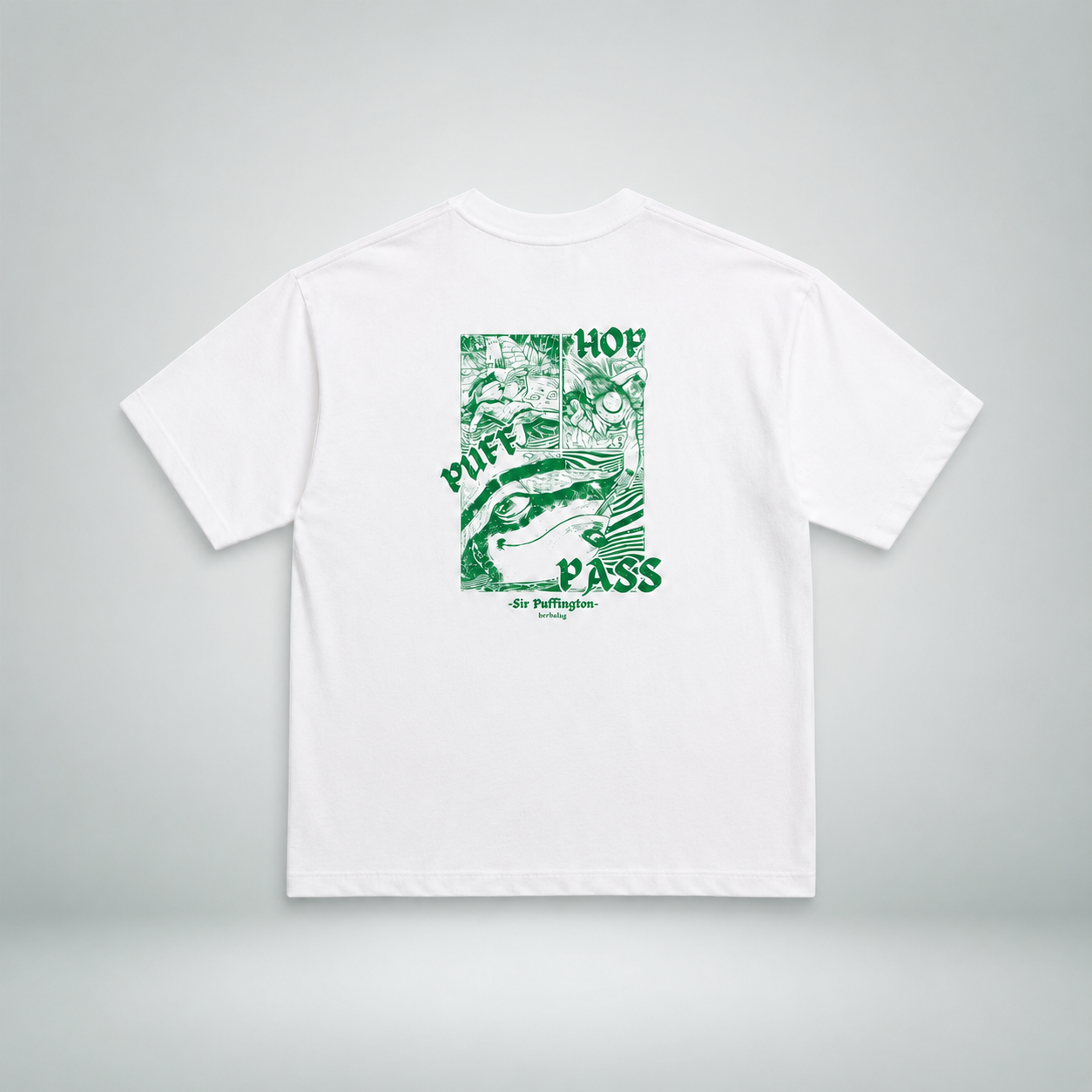 Back view of the limited Sir Puffington T-shirt in off-white with green graphic print