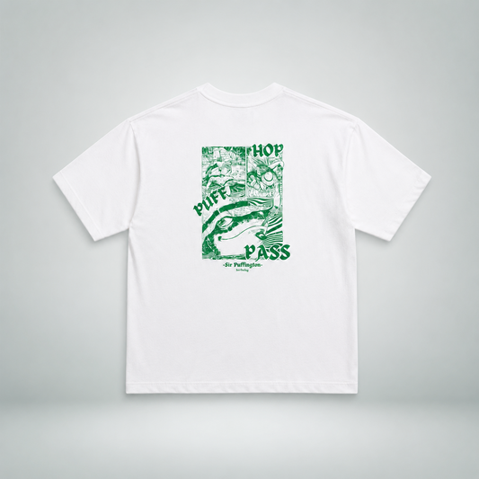Back view of the limited Sir Puffington T-shirt in off-white with green graphic print