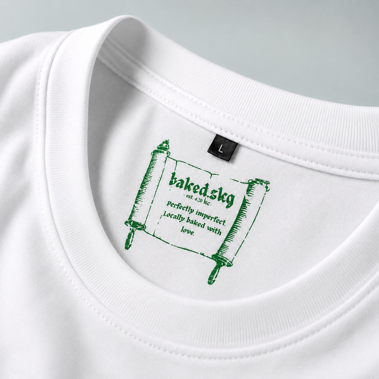 Close-up of Sir Puffington T-shirt neck label and inner print